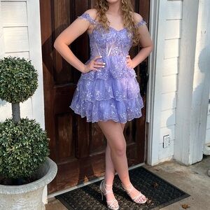 Lavender Off-Shoulder Lace Dress